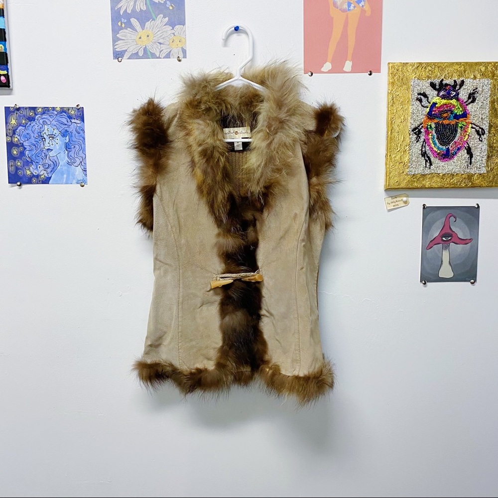 Vtg Raccoon Fur + Suede Vest
